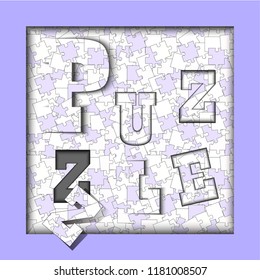 Light blue seamless background with random distributed puzzles of white, blue and violet colors and paper cut letters. Typography. Vector illustration