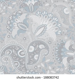 Light blue seamless ethnic pattern with stylized flowers. Vector Paisley floral wallpaper. Beautiful floral batik. Design for wrapping paper, gift paper, cover, web, fabric.
