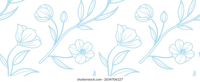 Light blue seamless floral line art pattern featuring delicate flowers and leaves on a white background. Perfect for stationery, fabric, or web design. Minimalist and elegant botanical style.