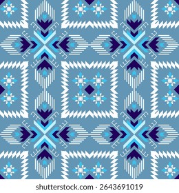Light blue seamless geometric ethnic pattern, Native American tribal fabric, Native weaving, boho indian texture design vector illustration for woven textile printing, embroidery, cards, picture books