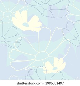 Light blue seamless pattern of cosmos flowers. Vector illustration.