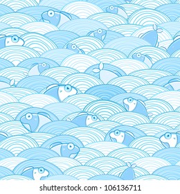 Light Blue Seamless Pattern with Fishes and Waves. Ocean Background