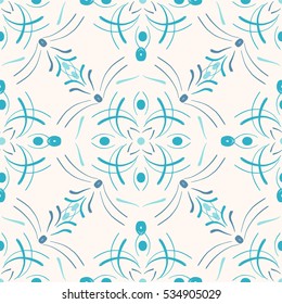 Light blue seamless pattern with floral and geometrical ornament on a white background. Vector illustration.