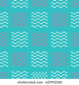 Light blue seamless pattern in Memphis style. Vector abstract background with white and pink waves and check ornaments. Stylish texture for fabric, textile, prints, wallpapers. 