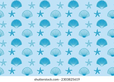 light blue seamless pattern with seashells and starfish - vector decorative background