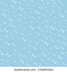 Light blue seamless pattern with trasparent drops. Clear water.  Cartoon vector illustration. Object for packaging, advertisements, menu.