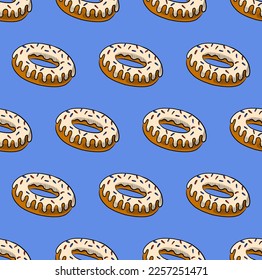 LIGHT BLUE SEAMLESS VECTOR BACKGROUND WITH DELICIOUS DONUTS WITH WHITE FUDGE