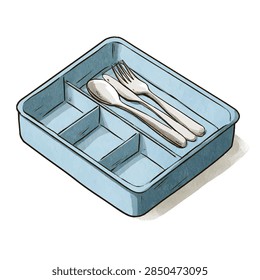 A light blue sectioned kitchen drawer organizer holding a spoon a fork and knives in watercolor vector style