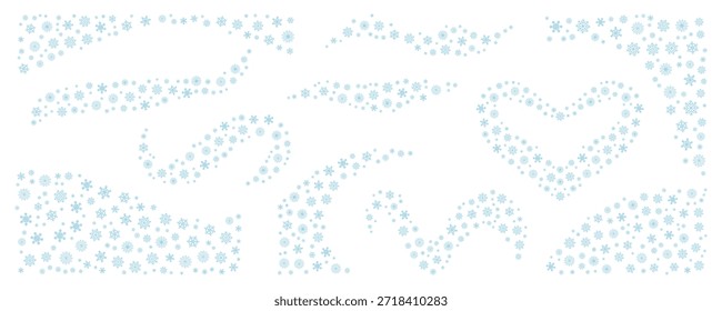 Light blue set of elegant snowflake borders, decorative corners, wave dividers and a heart shape. Ideal for winter, Christmas and holiday design. Vector illustration