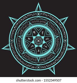 light blue seven star magic incantation circle with fantasy alphabets spell (named Fotonth) on black background