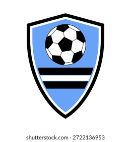 Design de escudo azul claro com uma bola de futebol preto e branco clássico acima de listras preto e branco horizontais, criando um emblema esportivo para equipes, torneios ou clubes