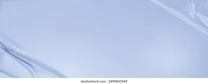 Light blue silk satin luxury background. Blue elegant background with space for design. Draped fabric Flat lay, Template, cover, header, Wide banner. panoramic view. 3D vector illustration.