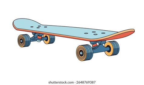 A light blue skateboard with orange wheels and trucks detailed with yellow and blue graphics on a white background