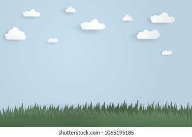 Light blue sky with clouds and grasses land background craft paper cut style design digital art wallpaper vector eps10