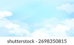 Light blue sky filled with soft fluffy white clouds in a gentle painted style on a bright background. Concept of peace and calm. Vector illustration