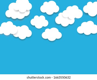 Light blue sky with fluffy white clouds background. Paper cartoon clouds with shadow. Can be used as border, icon, sign, element for web design or business presentations. Simple vector illustration.