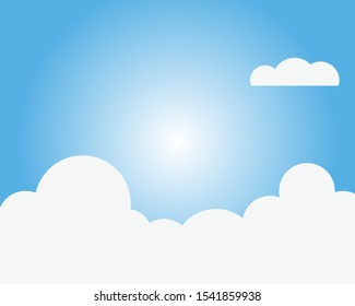 light blue sky with sun beam, big white clouds in summer time.vector cartoon style