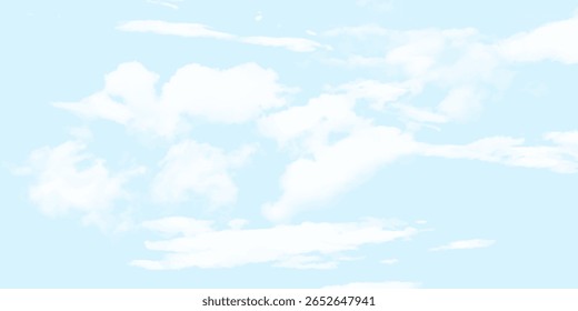Light Blue Sky with White Clouds Watercolor Painting Soft Texture Fluffy clouds on the sky background. Cloudscape view.