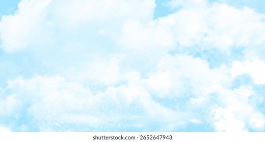 Light Blue Sky with White Clouds Watercolor Painting Soft Texture Fluffy clouds on the sky background. Cloudscape view.