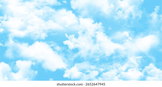 Light Blue Sky with White Clouds Watercolor Painting Soft Texture Fluffy clouds on the sky background. Cloudscape view.