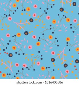 Light blue with small ditsy florals and marks seamless pattern background design.