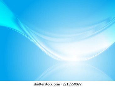 Light blue smooth glossy wave abstract background with reflection. Vector design