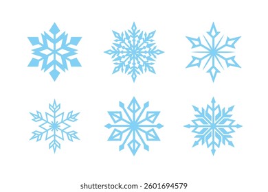 Light Blue Snowflake Icons Set, Perfect for Winter Designs. Stylized Vector Snowflakes on White Background, Winter Icons Template

