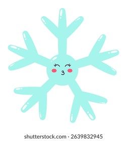 Light blue snowflake with kawaii face sending a kiss, isolated on white background, ideal for winter, christmas and new year greeting cards or social media posts
