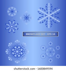 Light blue snowflake set. Symbol of winter season, Christmas and New Year celebration. Set of elements for graphic design.