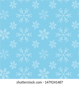 Light blue snowy seamless pattern. White snowflakes. New year and Christmas elegant and cute ornament. Usable for wrapping paper, cards, textile. Vector illustration