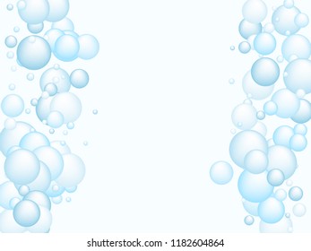 Light blue soap foam bubbles vector concept, abstract shampoo soapy effect background. Water and detergent foam bubbles illustration. Circle blue elements background for hygiene cosmetics soap shampoo