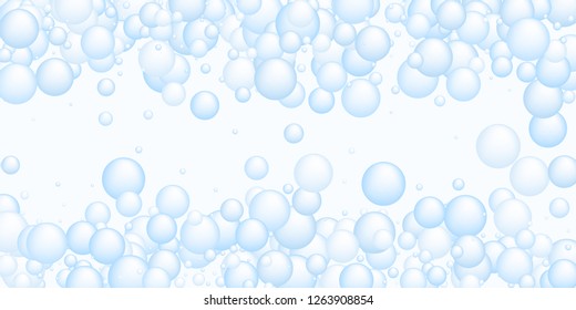 Light blue soap foam bubbles vector concept, abstract shampoo soapy effect background. Water and detergent foam bubbles illustration. Circle blue elements background for hygiene cosmetics soap shampoo