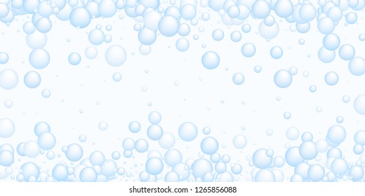 Light blue soap foam bubbles vector concept, abstract shampoo soapy effect background. Water and detergent foam bubbles illustration. Circle blue elements background for hygiene cosmetics soap shampoo