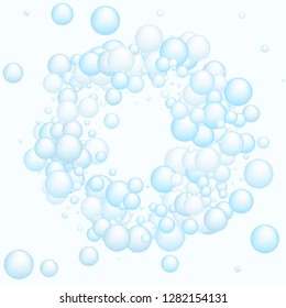 Light blue soap foam bubbles vector concept, abstract shampoo soapy effect background. Water and detergent foam bubbles illustration. Circle blue elements background for hygiene cosmetics soap shampoo