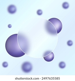 Light blue spheres and glass banner abstract background in glass morphism style.