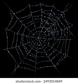 Light blue spider web with dew droplets isolated on black. Vector illustration in 3d style