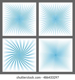 Light blue spiral ray and starburst background vector set