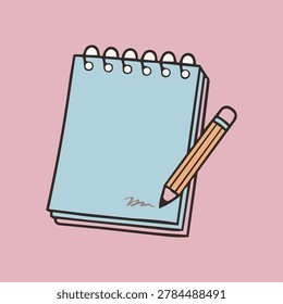 A light blue spiral-bound notepad with a pencil writing a scribble on a solid pink background, representing ideas and creativity.
