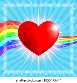 Light blue square poster. Red heart on a background of glowing rays and a wavy rainbow in a white openwork frame. EPS10