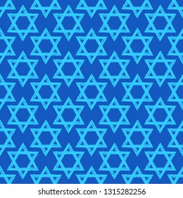 Light blue Star of David seamless vector pattern in dark blue background. Israel Independence Day. Hanukkah greeting cards.