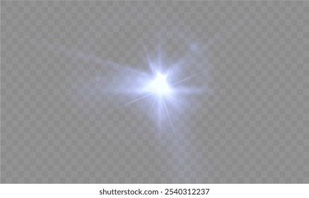 Estrela azul clara. Brilho ensolarado claro. Luz azul flash branca. Ilustrador de vetor. efeitos de iluminação. Transmita um holofote e uma estrela com bokeh e poeira. Lentes isoladas abstratas brilhantes efeitos de luz.