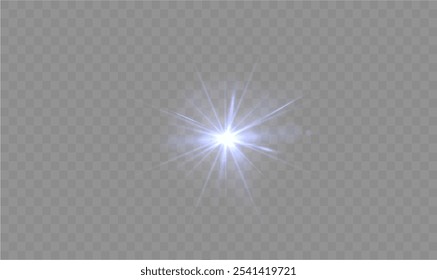 Light blue star. Light sunny sparkle. Blue light flash white. Vector illustrator. lighting effects. Beam a spotlight and a star with bokeh and dust. Glowing abstract isolated lenses light effects.