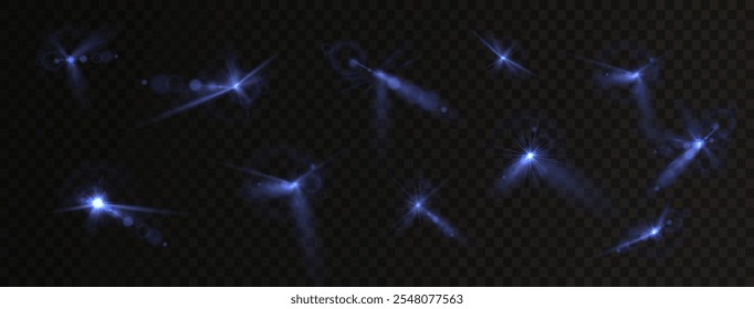 Light blue star. Light sunny sparkle. Blue light flash white. Vector illustrator. lighting effects. Beam a spotlight and a star with bokeh and dust. Glowing abstract isolated lenses light effects.