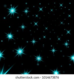 Light blue stars black night sky background. Abstract light glitter. Fantasy sparkles. Shine christmas texture, magic glow. Bright design for holiday card Vector illustration