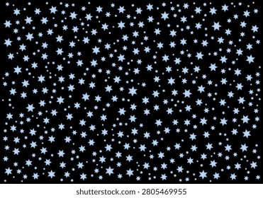 Light blue stars scattered on a dark background, celestial, cosmic, magical, dreamy, night sky, abstract, seamless, decorative pattern.