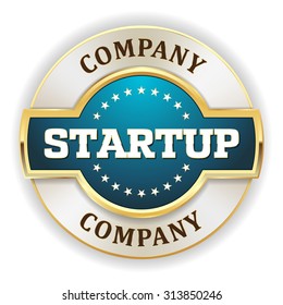 Light blue startup company badge with gold border on white background