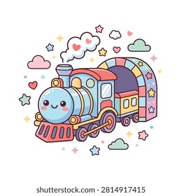 A light blue steam train with a smiling face and heart-shaped smoke puffing out of a vibrant rainbow tunnel decorated with stars. Perfect for nursery wall art or birthday invitations.