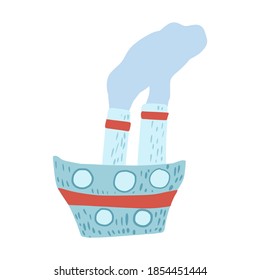 Light blue steamboat cute isolated on white background. Cartoonish ship with steam and red strips in doodle style vector illustration.