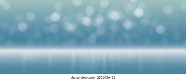 Light blue studio with circle bokeh background, ice room with reflection shadow floor with fog in winter or Christmas style.