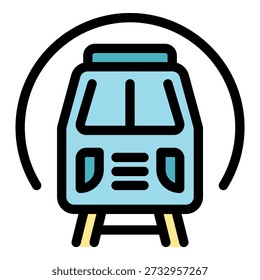 Light blue subway train entering tunnel, public transport icon
